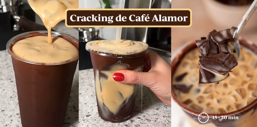 Cracking Latte con Café Alamor, café tostado y molido con chocolate derretido que se rompe al añadir leche caliente. Receta fácil y viral.