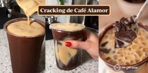 Cracking Latte con Café Alamor, café tostado y molido con chocolate derretido que se rompe al añadir leche caliente. Receta fácil y viral.
